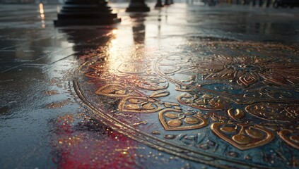 Ornate, decorative, circular design on a wet city street. Sunlight reflects on the glistening surface, highlighting intricate details in gold and colorful patterns