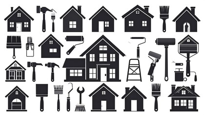 Collection of black silhouette icons for home improvement