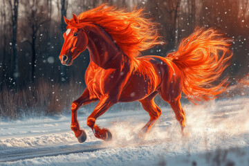 Fiery red horse with mane in snowy forest with light