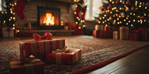 Christmas Gifts Near Fireplace And Decorated Tree