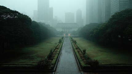 Foggy park, city backdrop, paved walkway