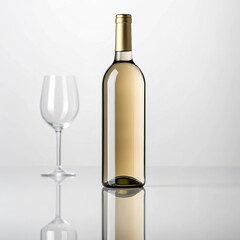 Elegant white wine bottle and empty glass reflecting mockup