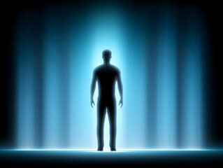 Fototapeta premium a stark digital art piece depicting a lone individual being tracked by multiple glowing ai recogniti