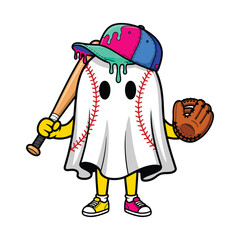 Ghost Baseball Character with Bat, Glove and Colorful Cap - Cartoon Style