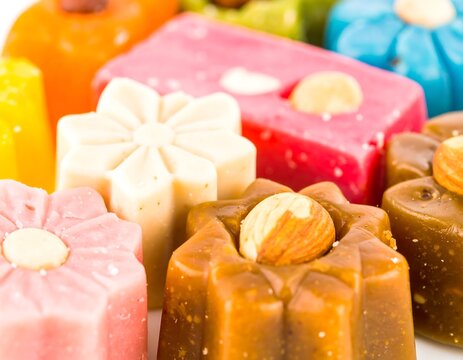 Colorful, assorted candies in flower and rectangular shapes