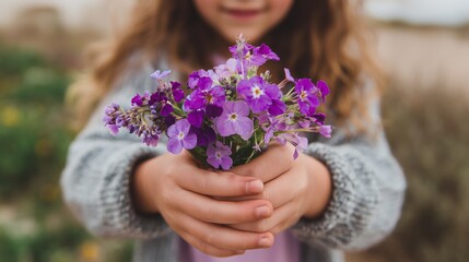 Obraz premium Child holds bouquet of colorful purple flowers on a sunny day outdoors