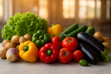 Vibrant Selection of Organic Fruits and Vegetables in Rustic Wooden Bowl.