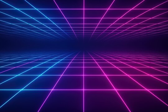 Abstract wallpaper of glowing neon cyber grid in blue and pink tones, inspired by 80s retro digital aesthetics. - Powered by Adobe