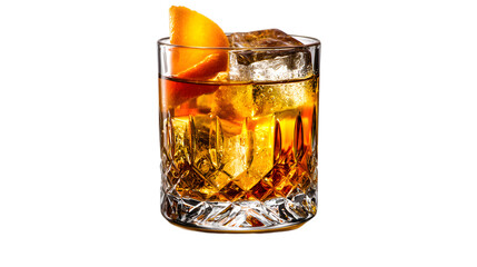 Sophisticated old fashioned cocktail with ice and orange zest looks refreshing and delicious  isolated on white background
