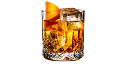 Sophisticated old fashioned cocktail with ice and orange zest looks refreshing and delicious  isolated on white background
