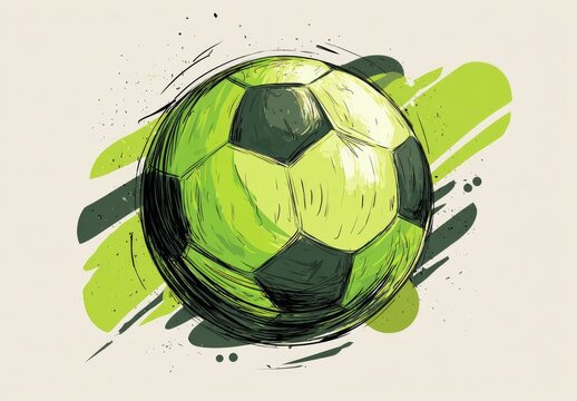 A vibrant green and black sketch-style soccer ball, set against an abstract lime green and dark green paint splatter backdrop. The ball is depicted with visible brushstrokes and texture