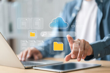 Document management system , Businessman  manage documents online compare statistical data and data checklist , smart system before final task delivery. DMS concept