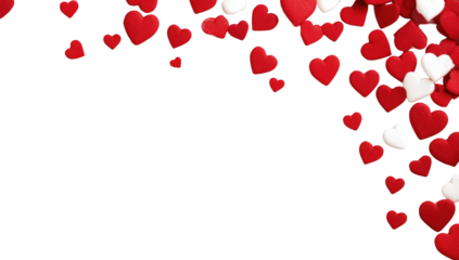 Red and white hearts cascade against black background