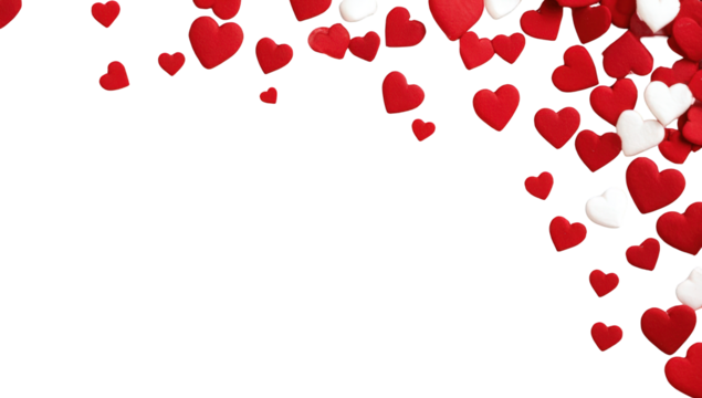 Red and white hearts cascade against black background