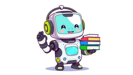 A cheerful robot student holds a stack of books, happily celebrating learning.