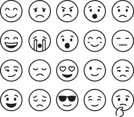 Collection of diverse hand drawn outline emoji faces expressing various emotions and moods on a white background