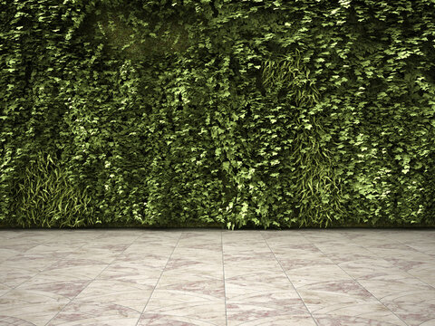 Vertical garden and tiled floor in modern lobby interior with green wall