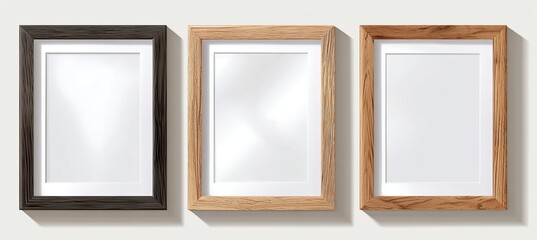 Three empty picture frames in varying wood tones
