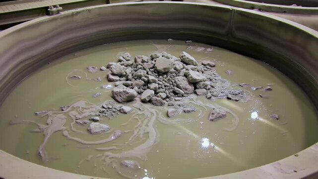 Detailed Eye Level View Inside Gold Ore Cyanide Leaching Tank Showcasing the Gray Ore Textures and Swirling Gray Liquid Patterns Perfect for Demonstrating Industrial Mining Extraction Processes