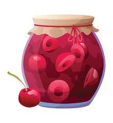Jam jar with cherry. Homemade berries and fruit jam, natural organic product. Breakfast food, sweet fruit dessert vector illustration. Winter pot on white background