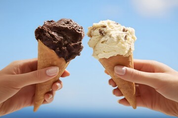 Two hands holding ice cream cones on summer day