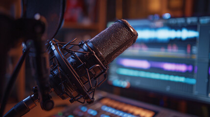 Studio microphone ready for recording session, illuminated by soft lighting, capturing professional audio equipment in a creative environment.