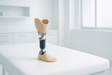 Medical scene showing a prosthetic leg designed for a child placed on a table in a bright sterile environment. Represents pediatric prosthetics and rehabilitation.