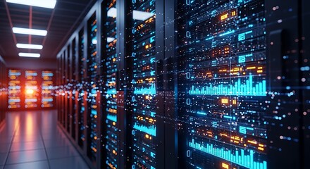 Illuminated racks in a futuristic data center, demonstrating advanced computing technology, secure data processing, and critical network infrastructure