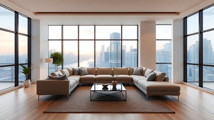 Spacious modern living room with a large sectional sofa and coffee table, overlooking a city skyline at sunset
