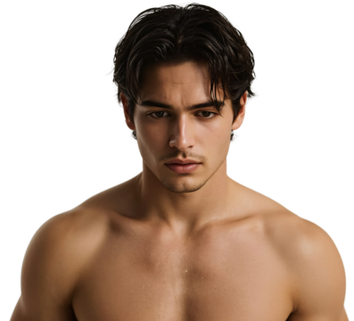 Studio portrait Shirtless man, serious gaze, dark background, modeling