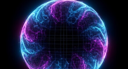 Abstract glowing orb with swirling neon blue and pink energy
