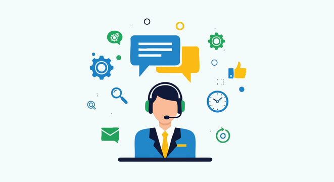 Customer Service Representative Providing Assistance with Chat Bubbles and Support Tools Vector Artwork