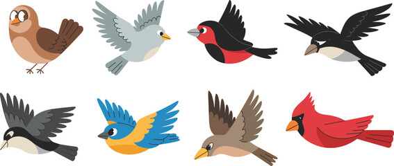 Colorful cartoon birds vector illustration set, flying and perched woodland birds collection, sparrow, cardinal, swallow, finch, nature wildlife design isolated background