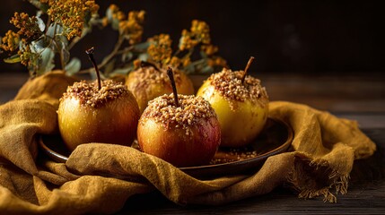 Baked apples, amber napkin, and bouquet styled in golden frame, shallow focus