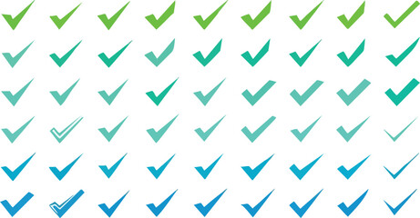 Repeating graphic pattern of check marks in shades of green and blue.