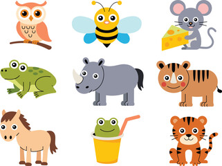 Cute cartoon animals collection including owl, bee, mouse, frog, rhino, horse, tiger, colorful vector illustration for kids, education, clipart, design elements