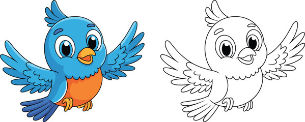 Cute cartoon blue bird character with wings spread, colorful illustration and black and white outline version, vector design for children, coloring book, education