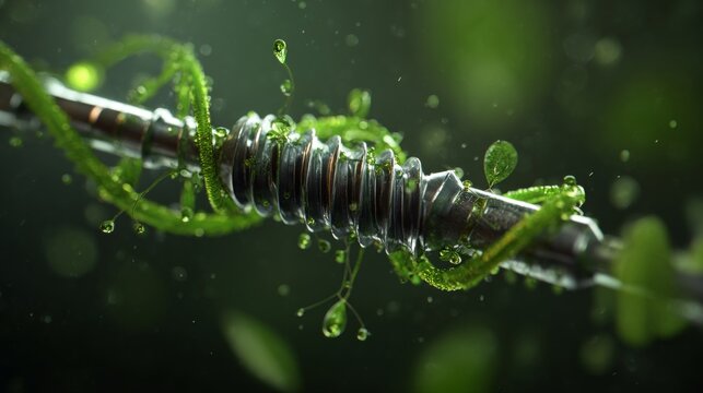 Engineering Meets Biology: Chrome Spiral Evolving into Green Helix - Powered by Adobe