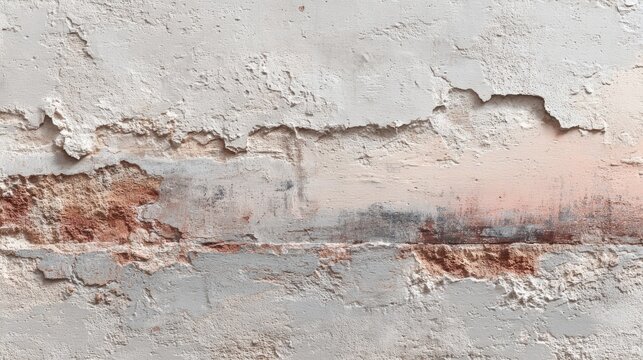 Weathered, cracked, light beige stucco wall with terracotta brick section