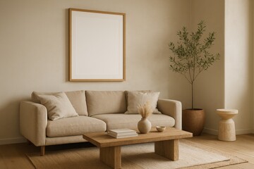 A serene organic modern interior with a frame mockup nestled within an arched wall niche space