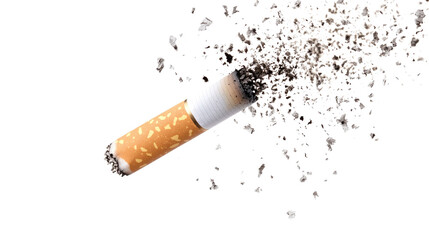 Cigarette ash with scattered particles isolated on white background