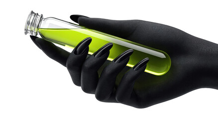 A hand holding a test tube with a glowing green liquid