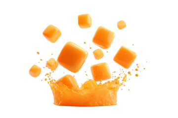 Caramel cubes bursting from a splash of orange juice