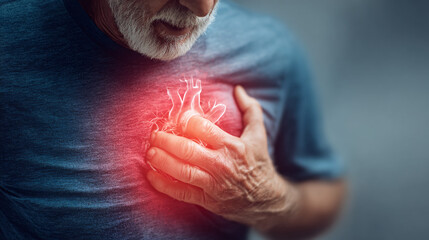 Senior man experiencing heart pain, illustrated with a glowing heart. The man is holding his chest with concern, suggesting a cardiovascular issue.