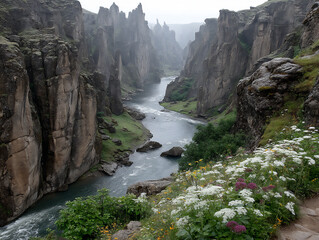 a wide shot emphasizing the u-shaped valley carved by glacial activity in fjadrargljufur canyon