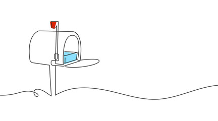 Fototapeta premium Mailbox one continuous line illustration. Minimal hand-drawn doodle sketch in simple linear style. Vector mailbox icon for post, mail, communication, and delivery design.