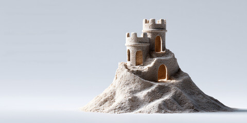 A charming sandcastle built on a small mound of sand. The sandcastle has two towers with openings for windows. The scene evokes a sense of childhood fun and play