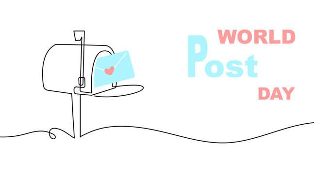Post Day banner with mailbox design in one continuous line. Minimal vector illustration for World Post Day theme, postal service, mailing, and communication concept.
