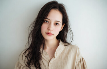 Japanese woman with a radiant smile and clear skin, captured in a studio setting, reflects a youthful, effortless look with simple skincare and natural beauty.
