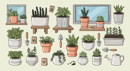 Indoor Gardening Delight: An Illustration of Various Potted Plants and Gardening Tools on a Soft Background